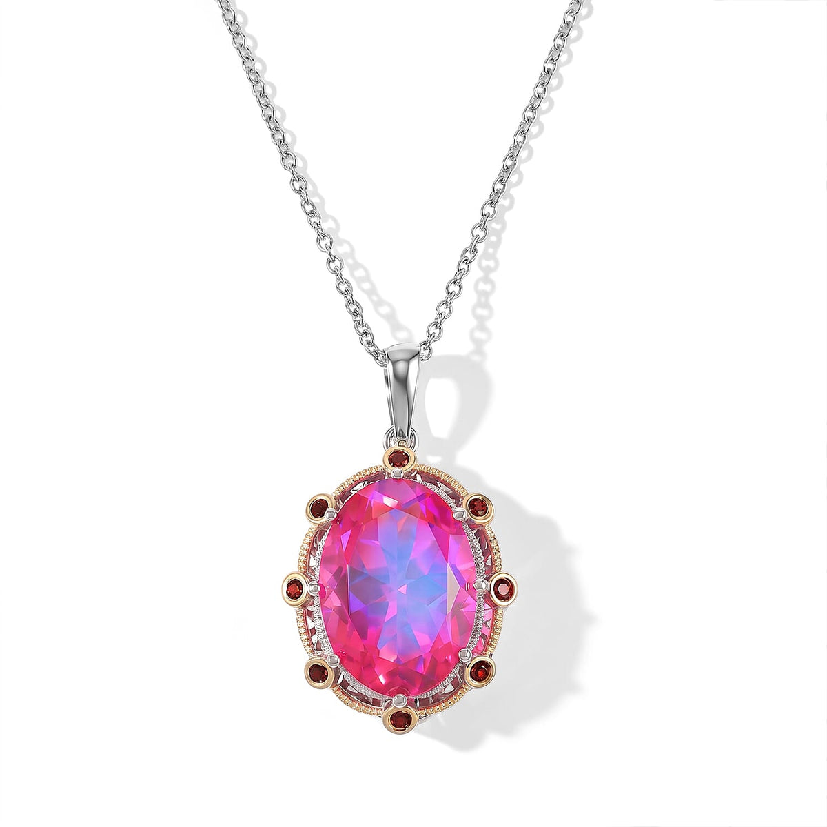 EverTrue Volcanic Triplet Quartz and Mozambique Garnet 14.30 ctw Pendant in 18K YG Plated and Platinum Bond with Stainless Steel Necklace 20 Inches