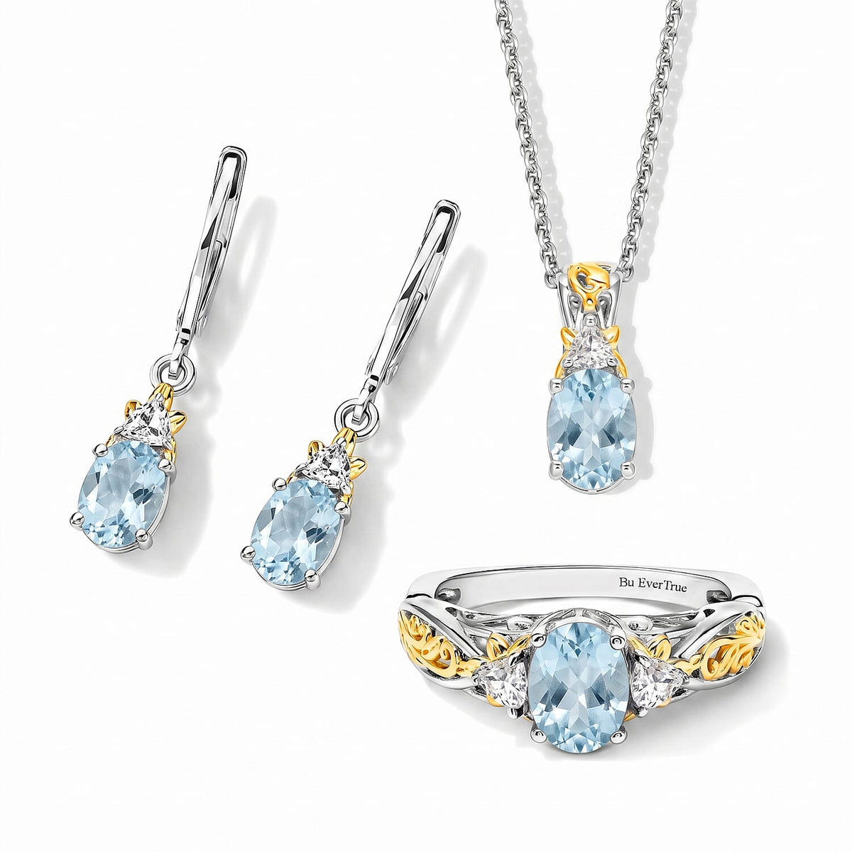 EverTrue Sky Blue Topaz, White Topaz 5.50 ctw Earrings, Ring (Size 5.0) and Pendant in 18K YG Plated and Platinum Over Bronze with Stainless Steel Necklace (20 Inches)