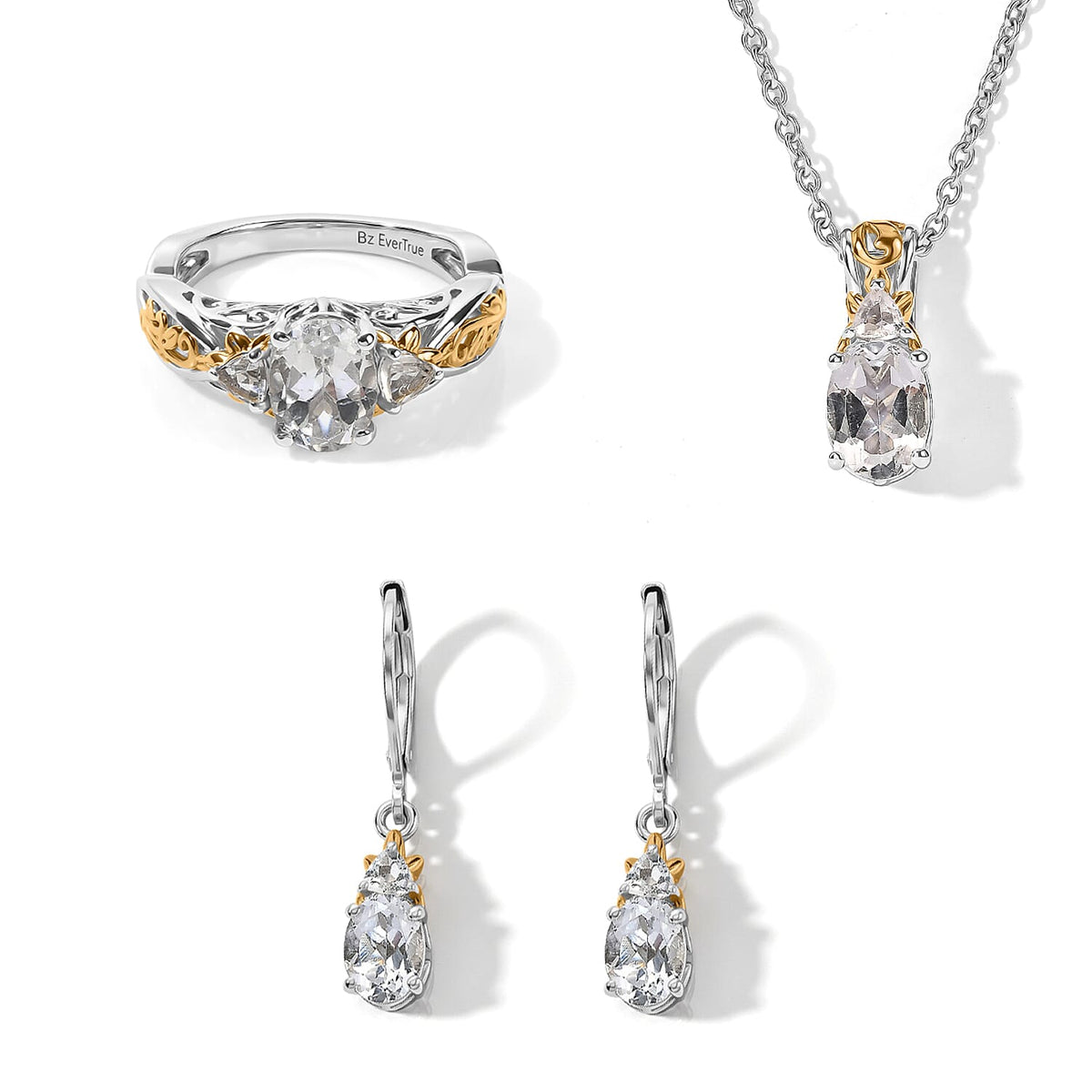 EverTrue Sky Blue Topaz, White Topaz 5.50 ctw Earrings, Ring (Size 5.0) and Pendant in 18K YG Plated and Platinum Over Bronze with Stainless Steel Necklace (20 Inches)