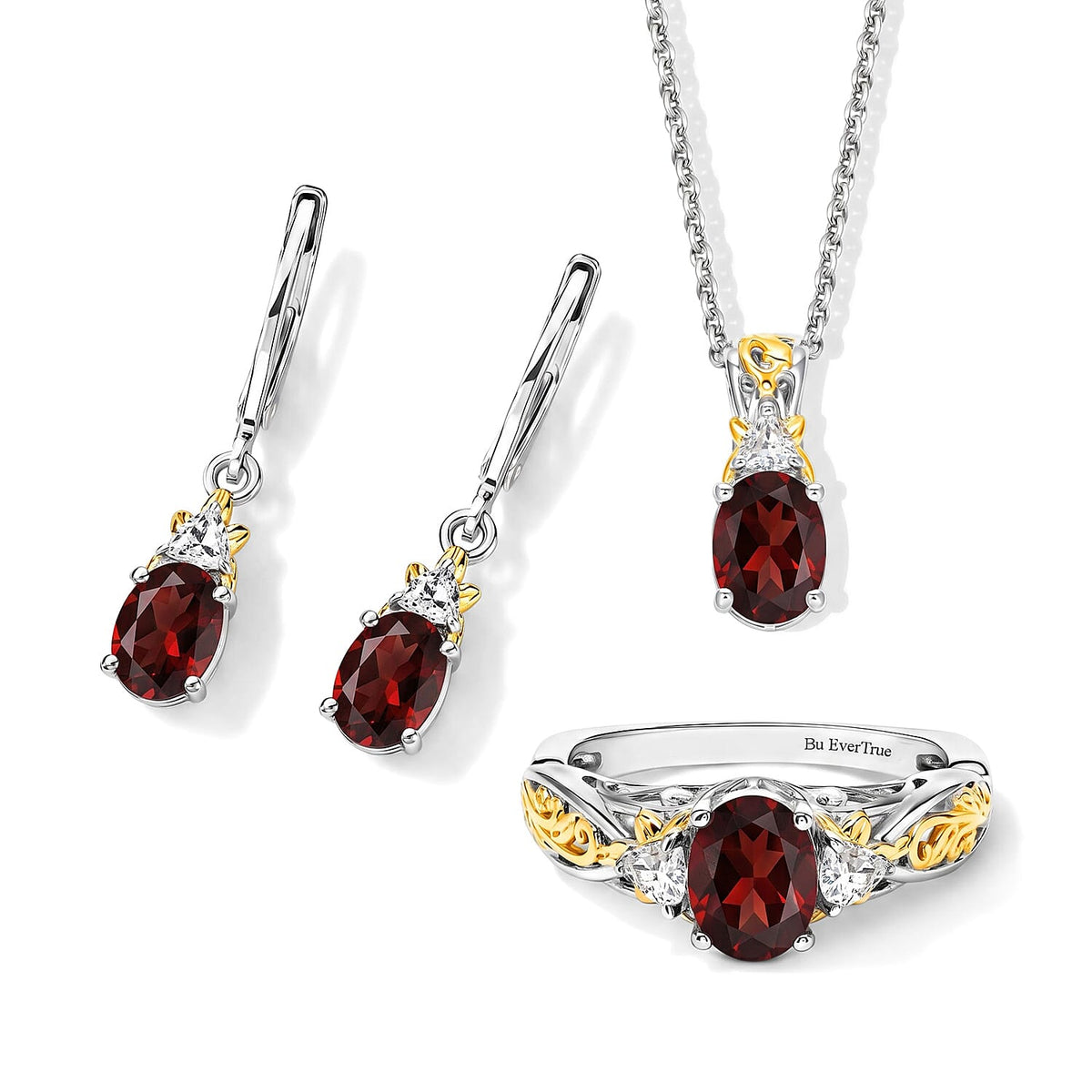 EverTrue Sky Blue Topaz, White Topaz 5.50 ctw Earrings, Ring (Size 5.0) and Pendant in 18K YG Plated and Platinum Over Bronze with Stainless Steel Necklace (20 Inches)