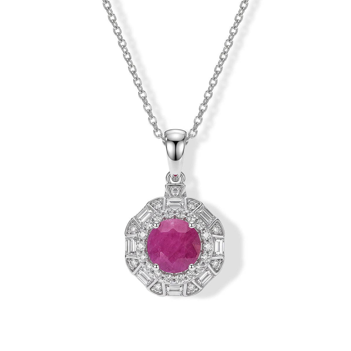 Doorbuster Certified and Appraised D''Joy Premium Ruby, Moissanite Pendant Necklace (18 Inches) in Rhodium Over Sterling Silver 2.50 ctw