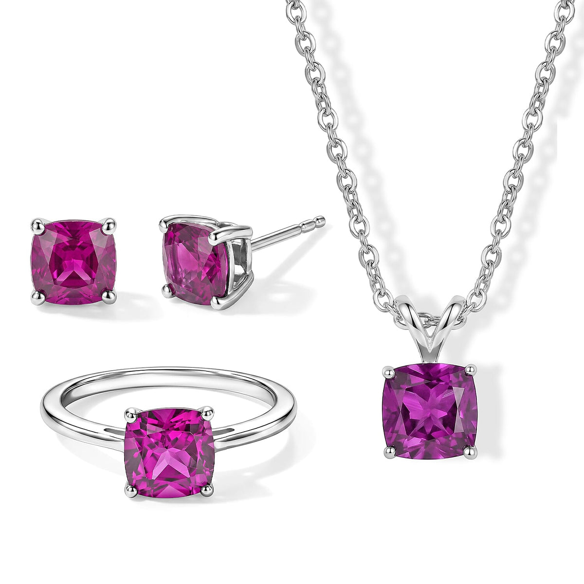 EverTrue Lab Created Pink Sapphire Earrings, Ring (Size 7.0) and Pendant in Platinum Bond with Stainless Steel Necklace (20 Inches) 7.55 ctw