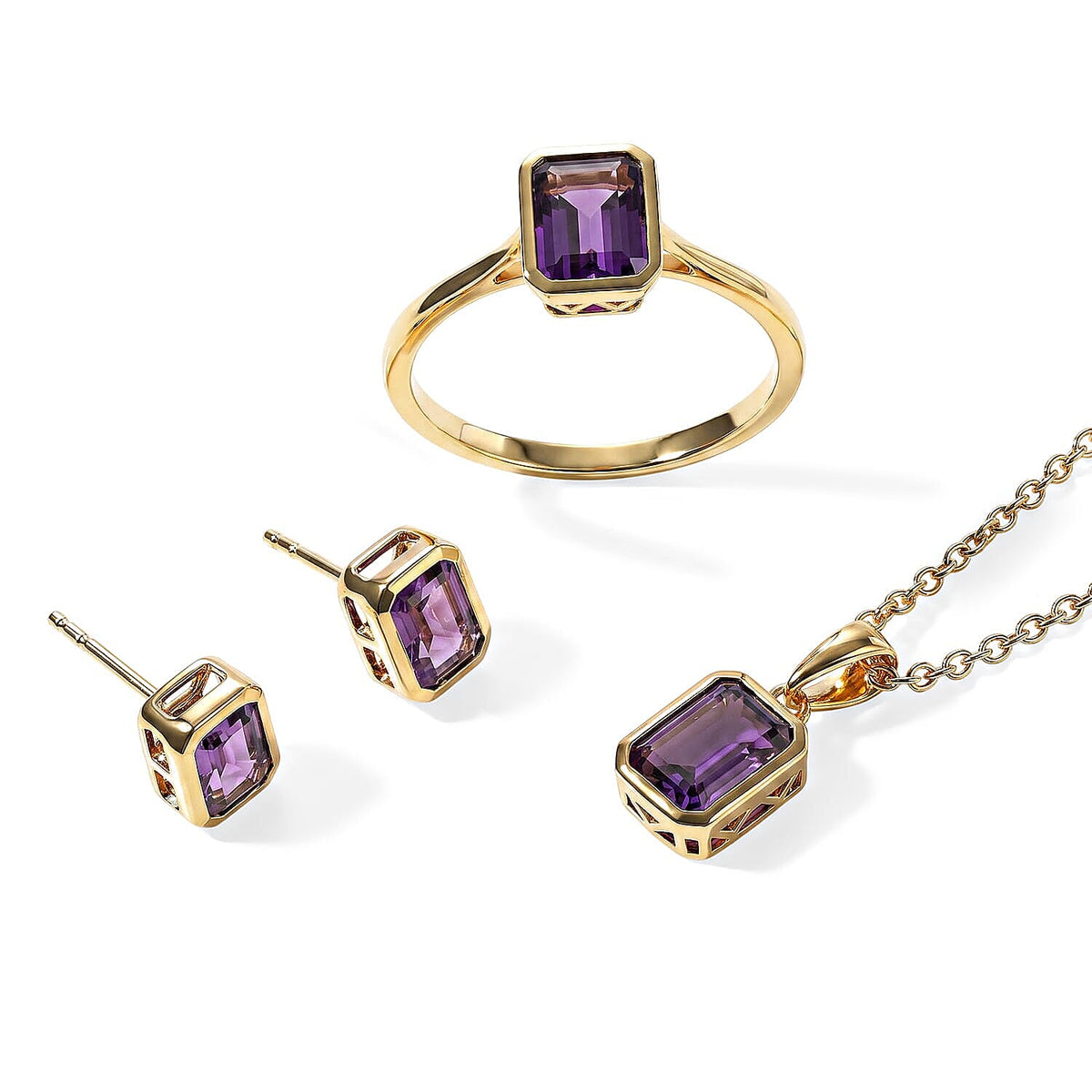 EverTrue African Amethyst Earrings, Ring (Size 5) and Pendant in 18K YG Plated with ION Plated YG Stainless Steel Necklace (20 Inches) 5.00 ctw