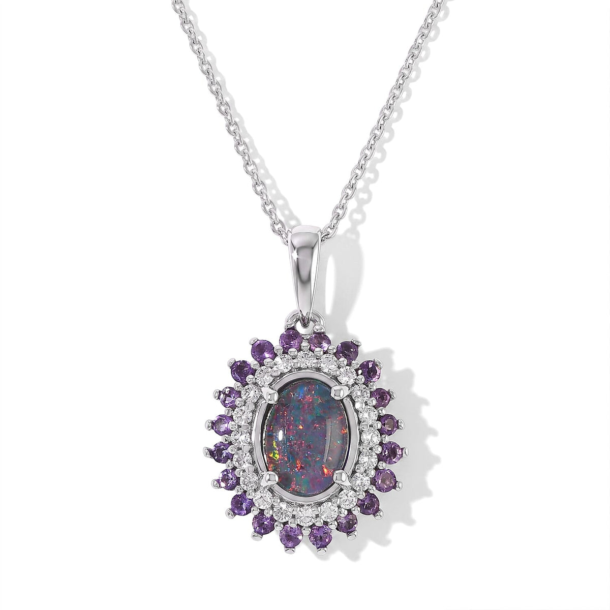 D''Joy Premium Australian Black Ridge Opal Triplet, Multi Gemstone Celestial Splendor Pendant Necklace (20 Inches) in Rhodium Over Sterling Silver (Ships in 10-12 Days) 1.50 ctw