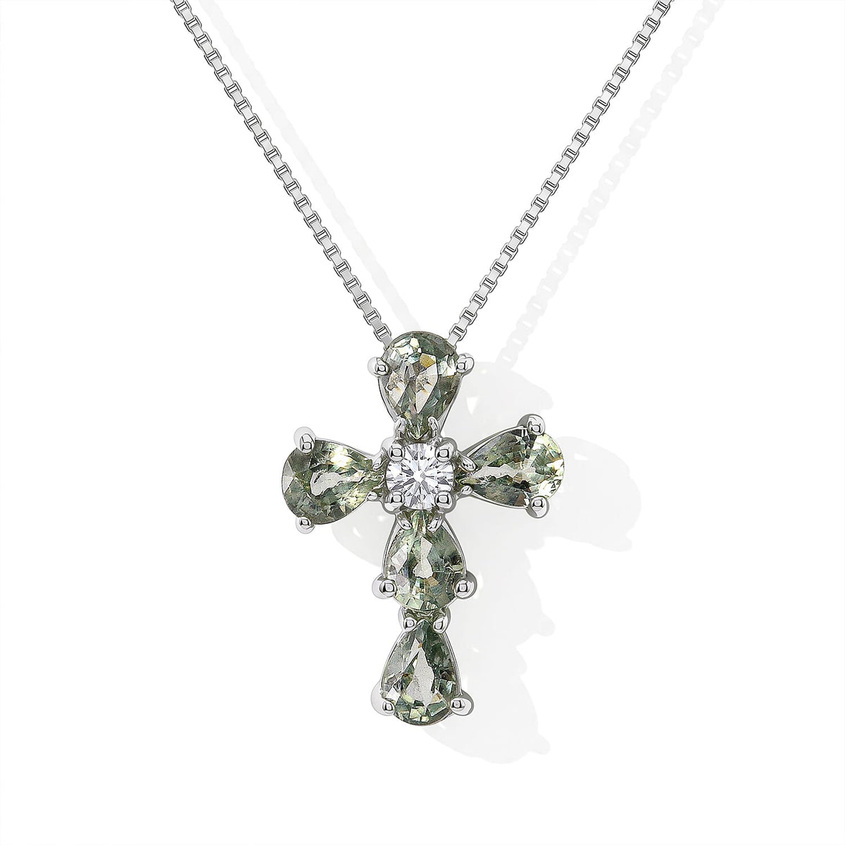 D''Joy Premium Green Sapphire and Moissanite 1.10 ctw Pendant in Rhodium Over Sterling Silver with Stainless Steel Necklace 20 Inches