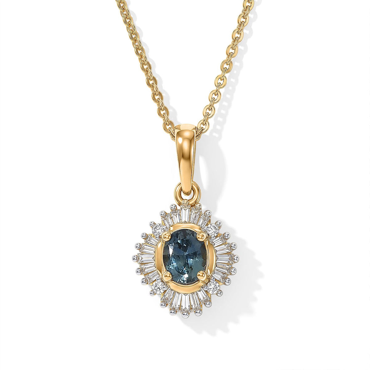 D''Joy Montana Sapphire, Diamond Summit Sunburst Pendant Necklace (20 Inches) in 18K Vermeil YG Over Sterling Silver 0.65 ctw
