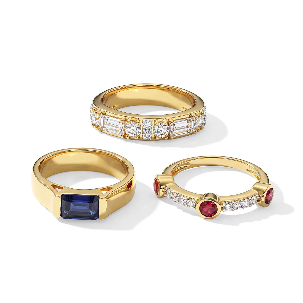D''Joy Premium Masoala Sapphire (D) and Multi Gemstone 3.60 ctw Set of 3 Ring in 18K Vermeil Yellow Gold Over Sterling Silver