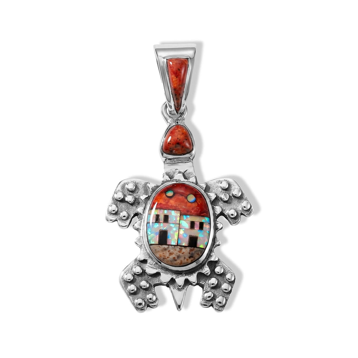 Santa Fe Style Black Onyx, Multi Gemstone Turtle Red Pueblo Pendant Without Chain in Sterling Silver 0.20 ctw