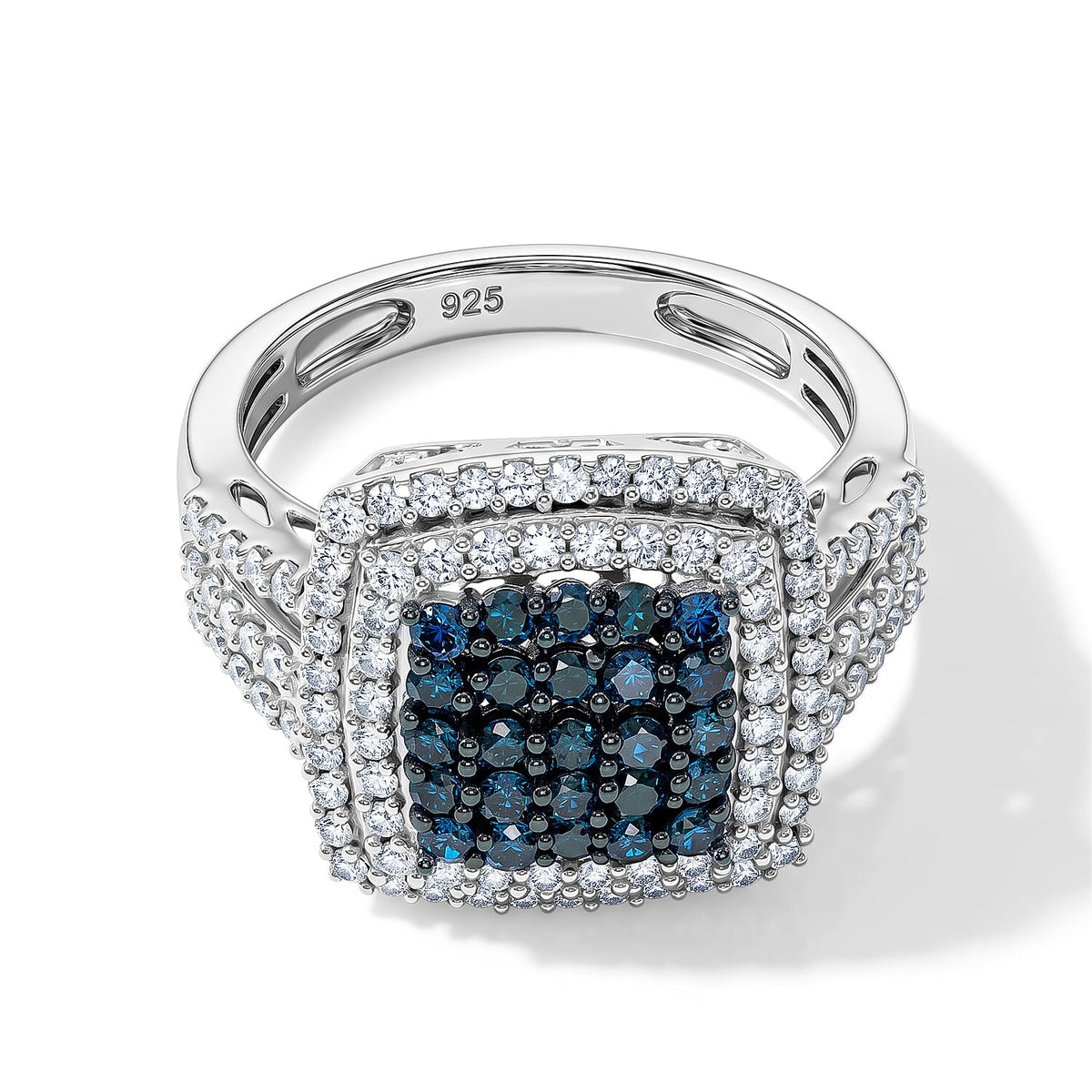 Blue and White Diamond Ring in Platinum Over Sterling Silver (Size 10.0) 0.99 ctw