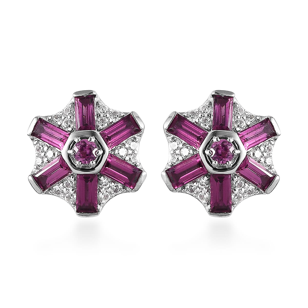 Premium Orissa Rhodolite Garnet, White Zircon Earrings in Rhodium Over Sterling Silver 2.35 ctw