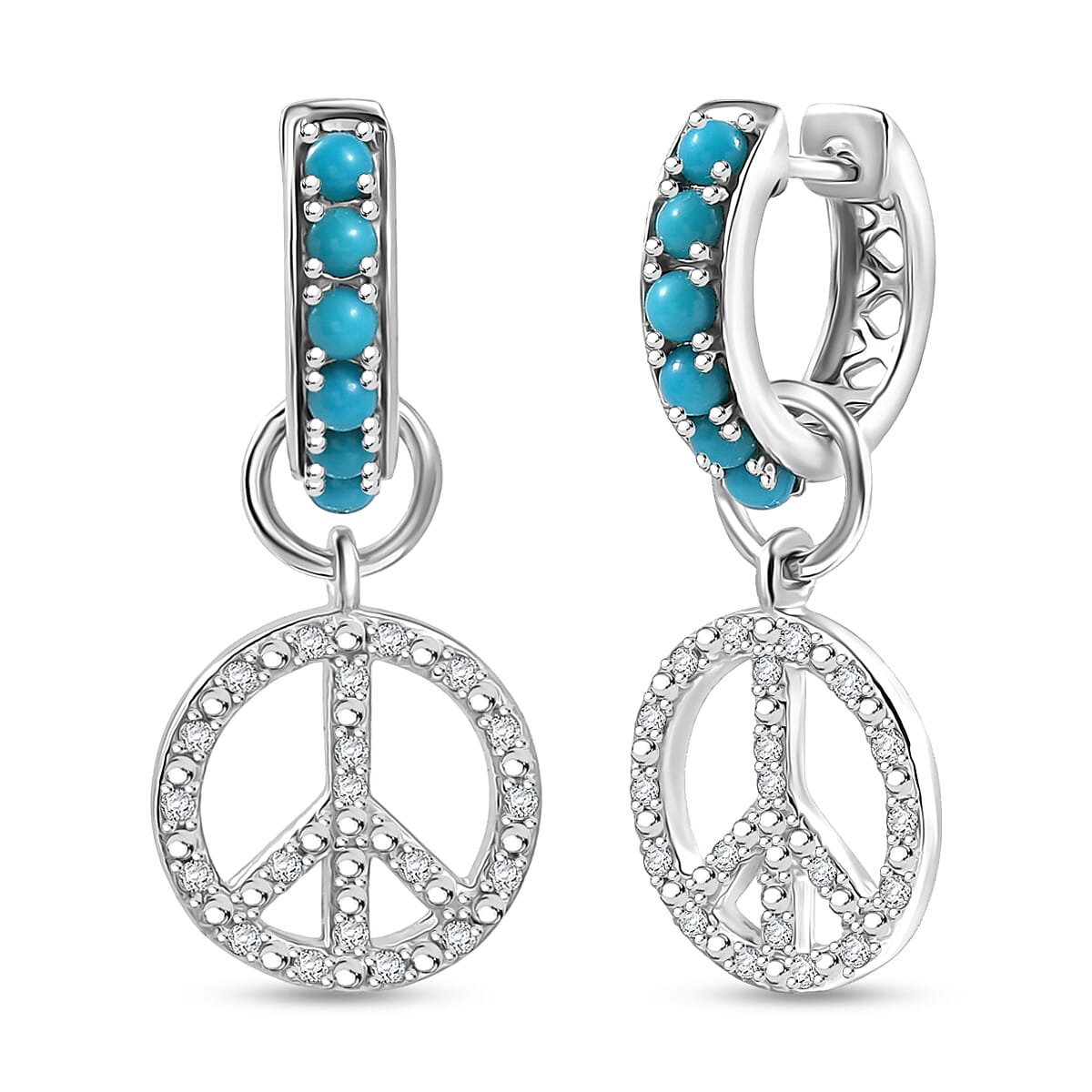 Premium Sleeping Beauty Turquoise, White Zircon J Hoop Earrings in Rhodium Over Sterling Silver 1.25 ctw