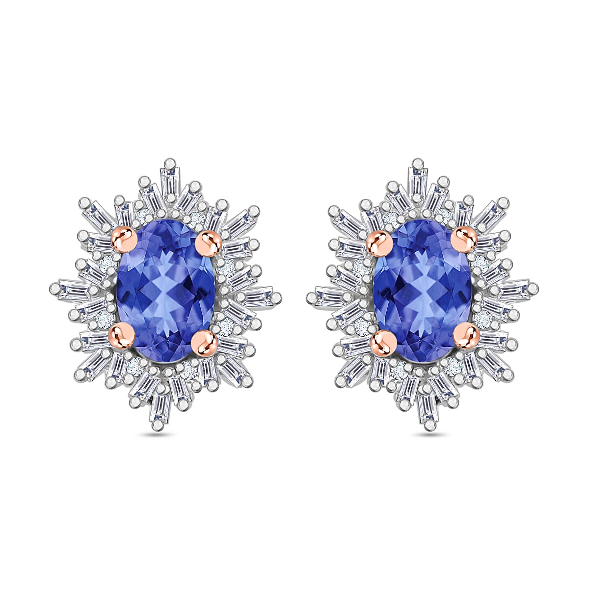 Tanzanite, Diamond (0.25 cts) Stud Earrings in Rhodium Over Sterling Silver 1.20 ctw