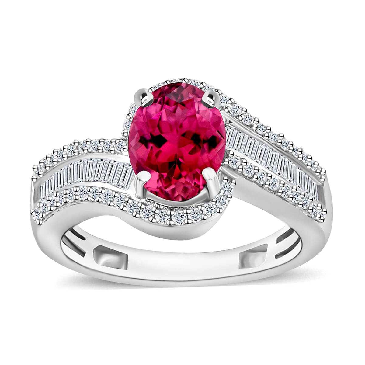 Luxoro Premium Ouro Fino Rubellite and G-H I1 Diamond Ring in 14K White Gold (Size 10.0) 4.20 Grams 1.65 ctw