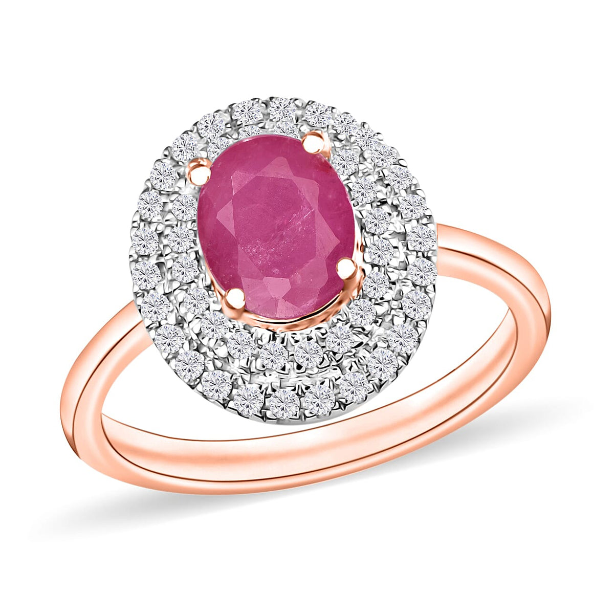 Mozambique Ruby and White Zircon Double Halo Ring in 18K Vermeil Rose Gold Sterling Silver (Size 10) 1.85 ctw