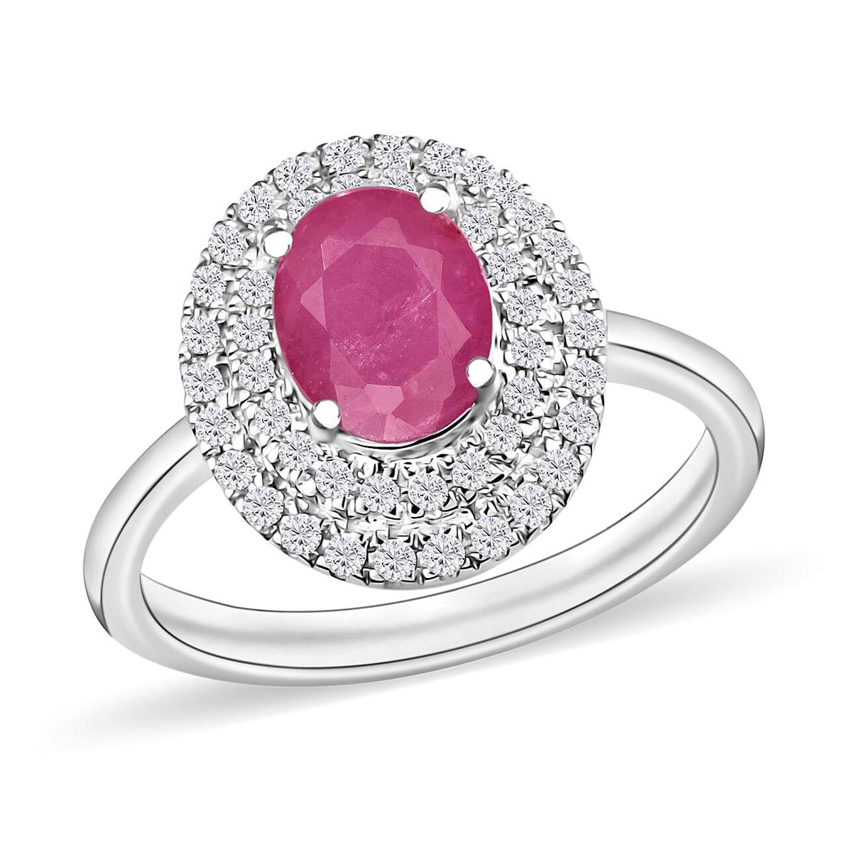 Mozambique Ruby and White Zircon Double Halo Ring in 18K Vermeil Rose Gold Sterling Silver (Size 10) 1.85 ctw