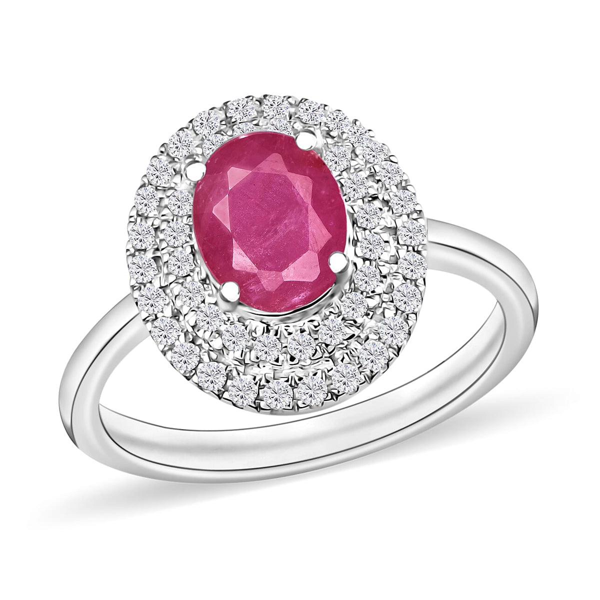 Mozambique Ruby and White Zircon Double Halo Ring in 18K Vermeil Rose Gold Sterling Silver (Size 10) 1.85 ctw