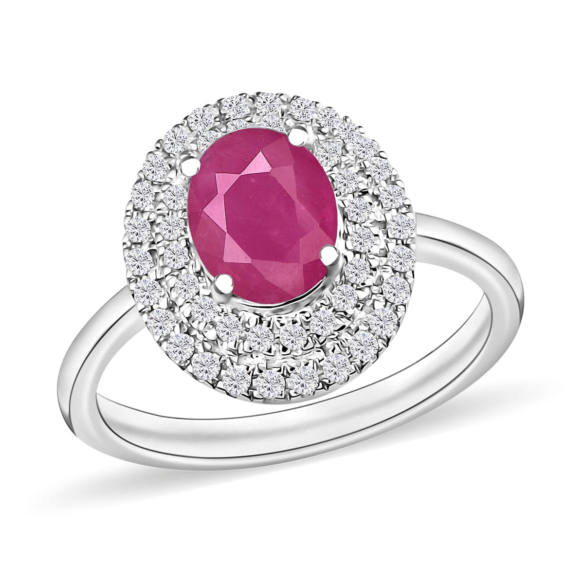 Mozambique Ruby and White Zircon Double Halo Ring in 18K Vermeil Rose Gold Sterling Silver (Size 10) 1.85 ctw