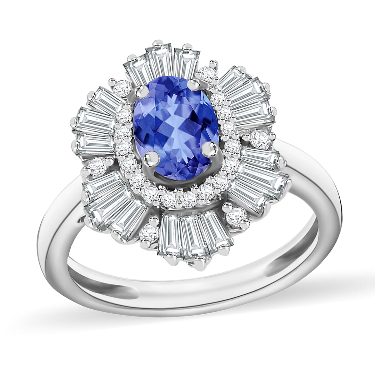 Tanzanite and White Zircon Ring in Rhodium Over Sterling Silver (Size 10.0) 2.85 ctw