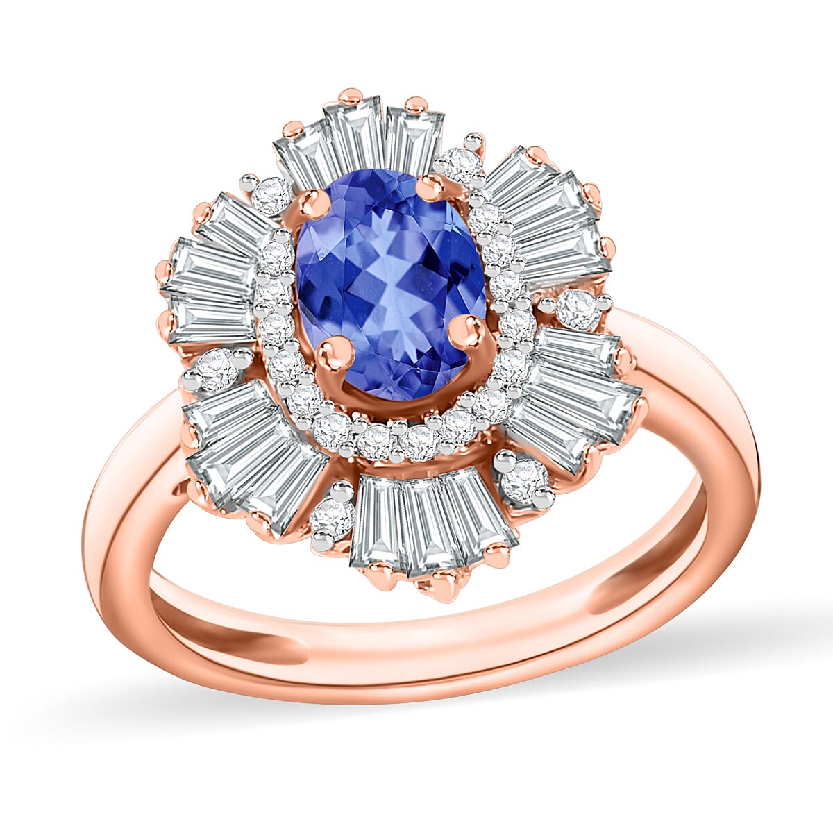 Tanzanite and White Zircon Ring in Rhodium Over Sterling Silver (Size 10.0) 2.85 ctw