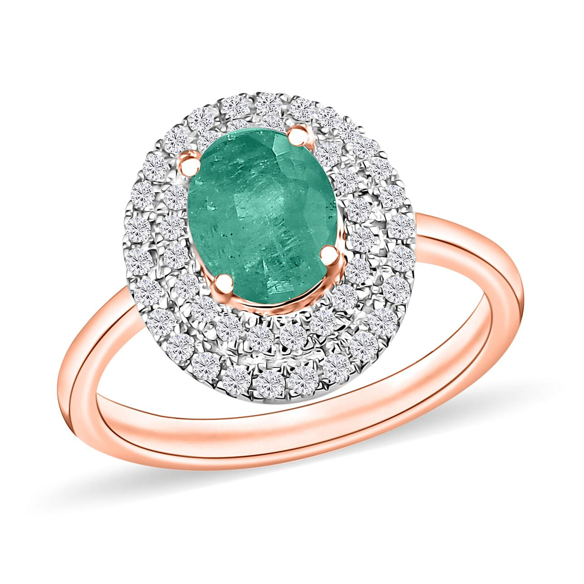 Kagem Zambian Emerald and White Zircon Double Halo Ring in 18K Vermeil Rose Gold Over Sterling Silver (Size 10.0) 1.45 ctw