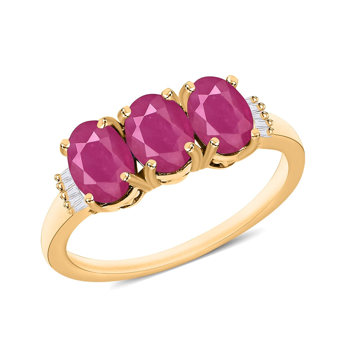 Mozambique Ruby and Diamond 3.07 ctw 3 Stone Ring in Platinum Over Sterling Silver (Size 4.0)