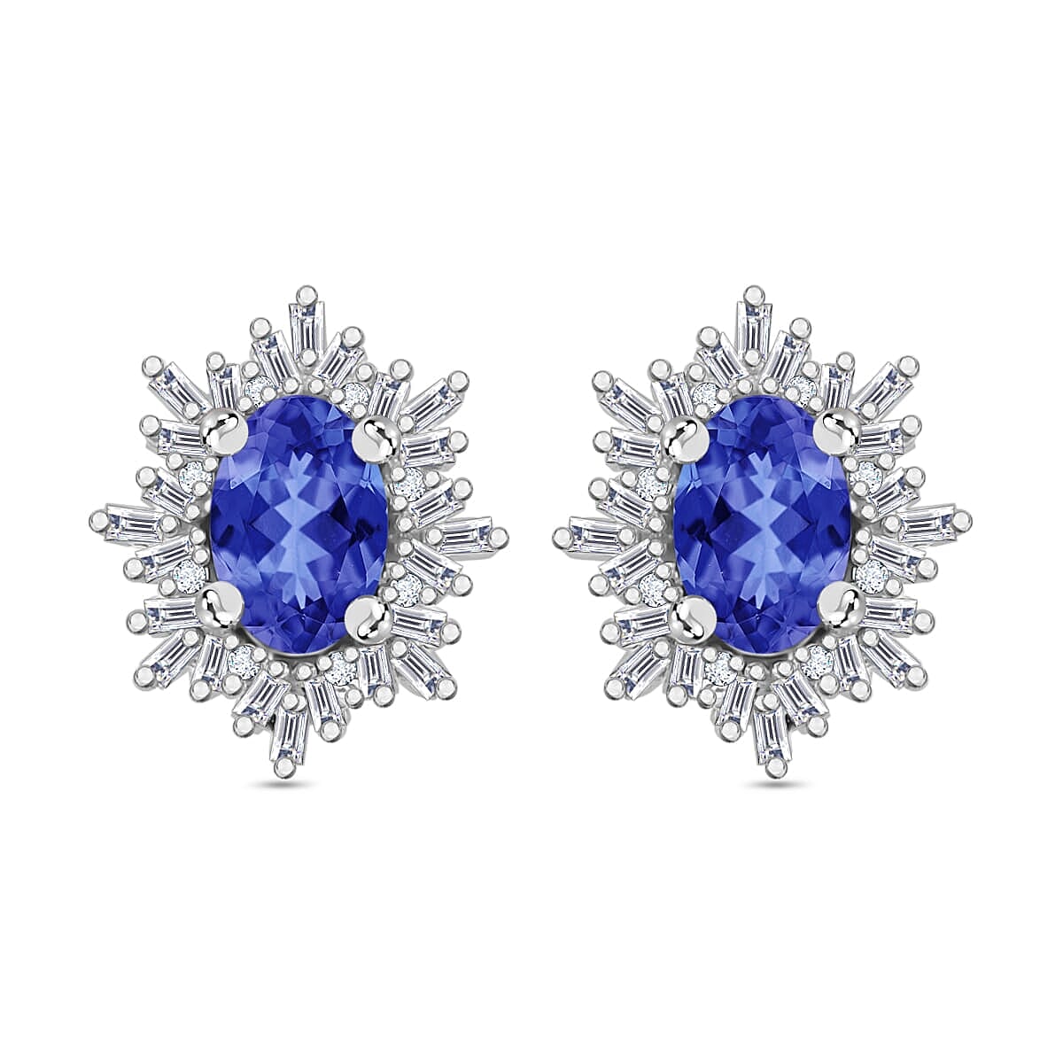 Tanzanite, Diamond (0.25 cts) Stud Earrings in Rhodium Over Sterling Silver 1.20 ctw