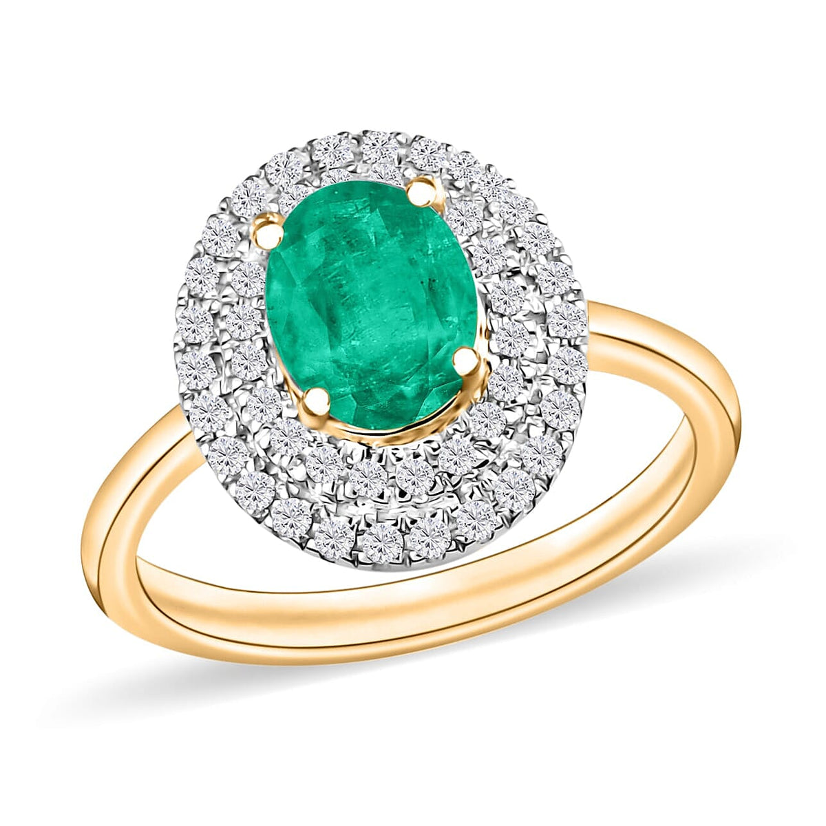 Kagem Zambian Emerald and White Zircon Double Halo Ring in 18K Vermeil Rose Gold Over Sterling Silver (Size 10.0) 1.45 ctw