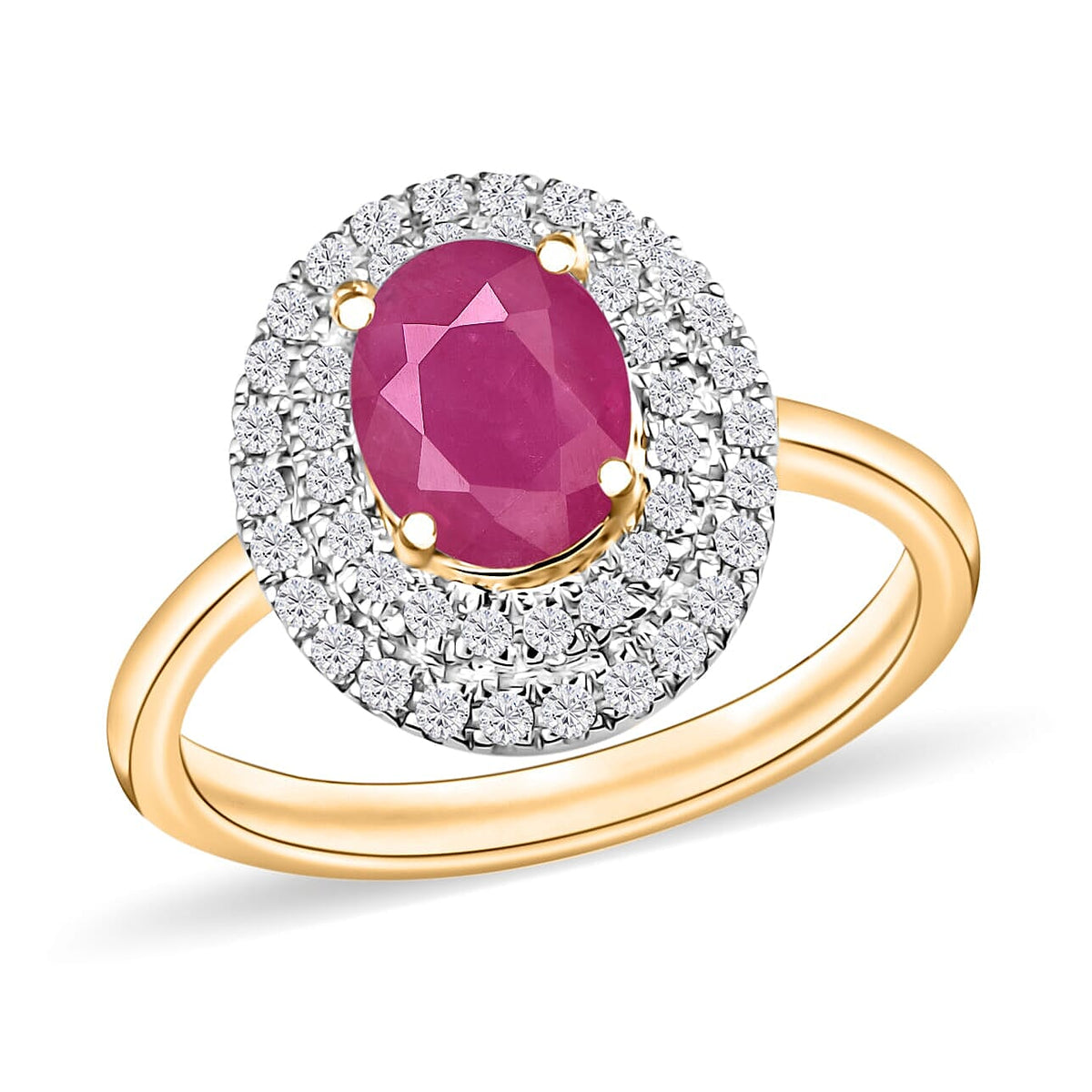 Mozambique Ruby and White Zircon Double Halo Ring in 18K Vermeil Rose Gold Sterling Silver (Size 10) 1.85 ctw