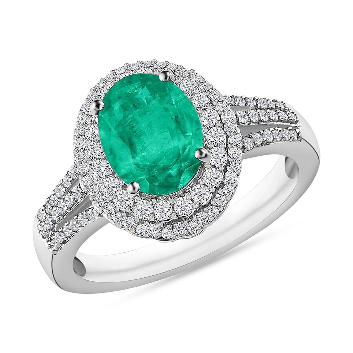 Luxoro Premium Kagem Zambian Emerald and G-H I1 Diamond Double Halo Ring in 14K White Gold (Size 10.0) 2.40 ctw