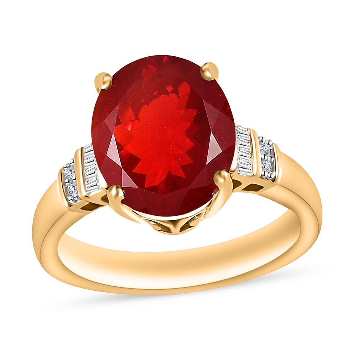 Luxoro Premium Crimson Fire Opal and G-H I1 Diamond Ring in 14K Yellow Gold (Size 10.0) 4.10 Grams 3.40 ctw