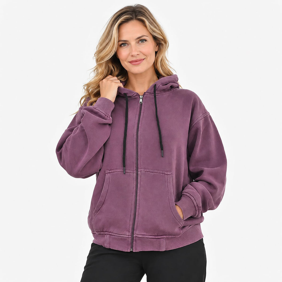 Purple Stone Washed Jacket with Pockets and Zipper - M