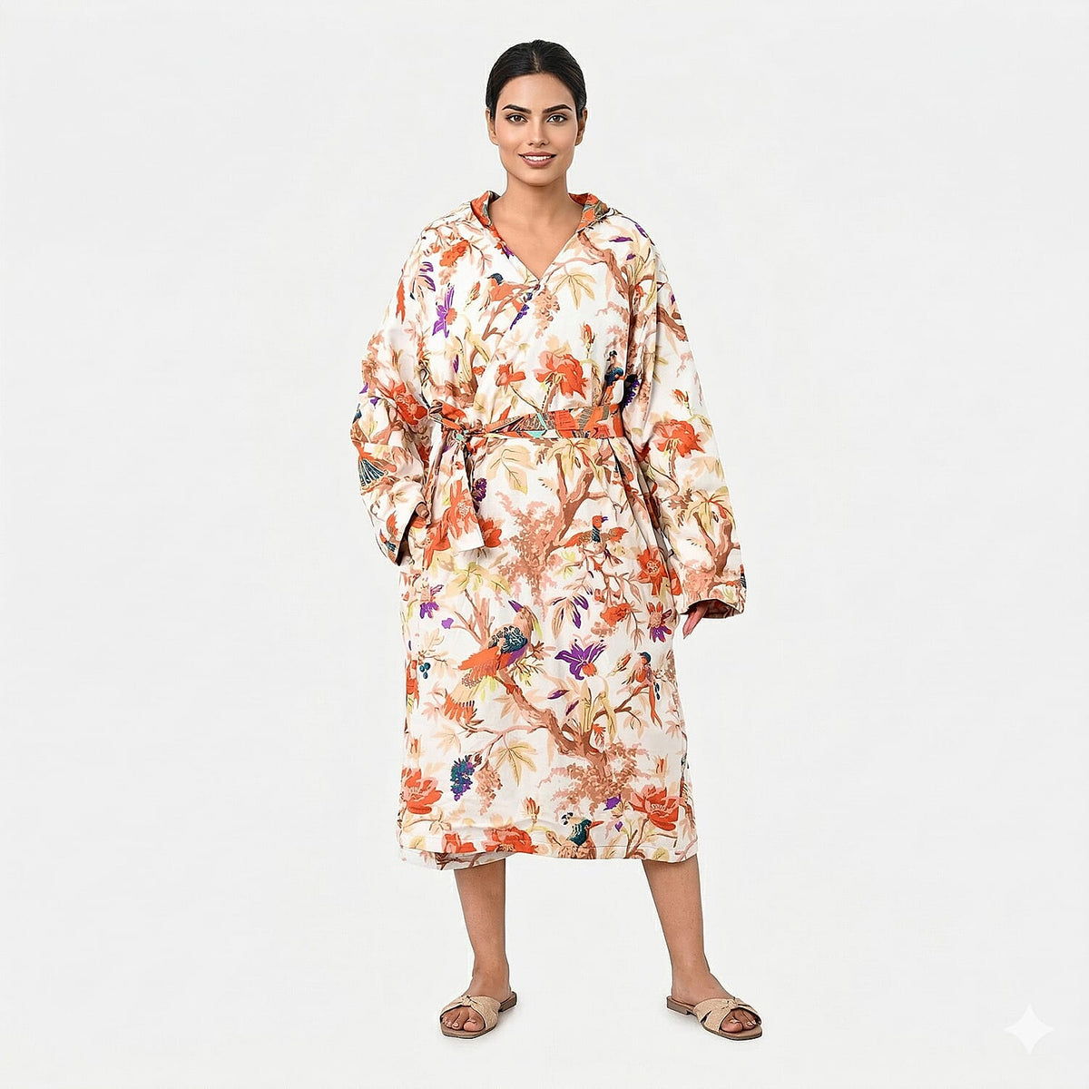 La Marey Green Floral Print Reversible Quilted Cotton Cambric Outerwear with Belt - One Size Fits Most