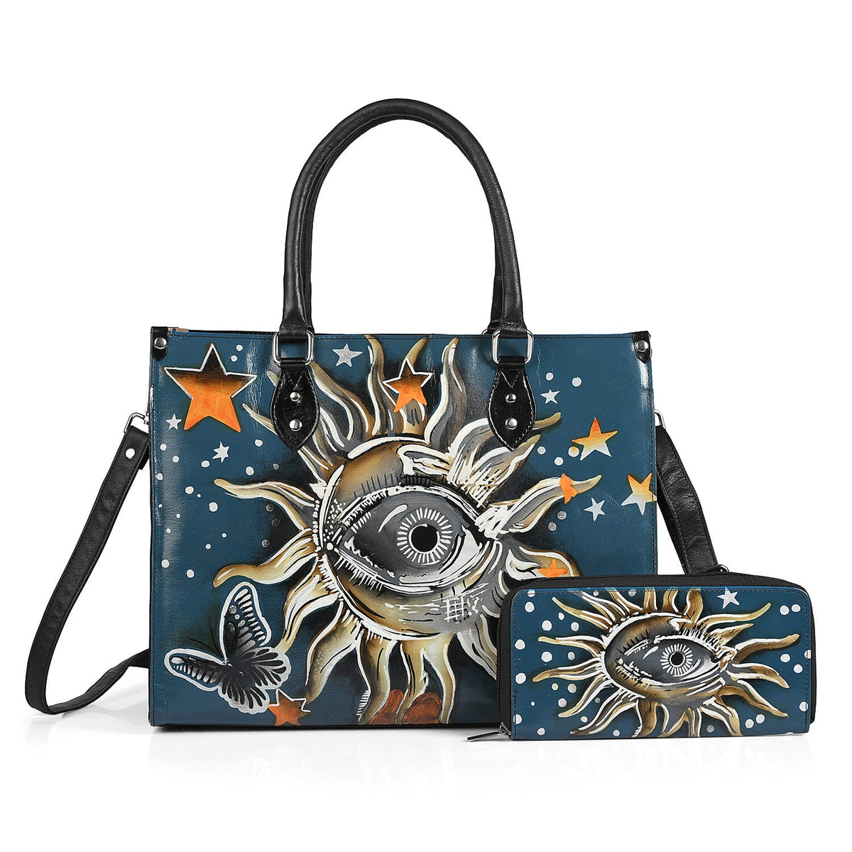 La Marey Dark Beige Artisan Handpainted Genuine Leather Tote with Wallet set Handbag