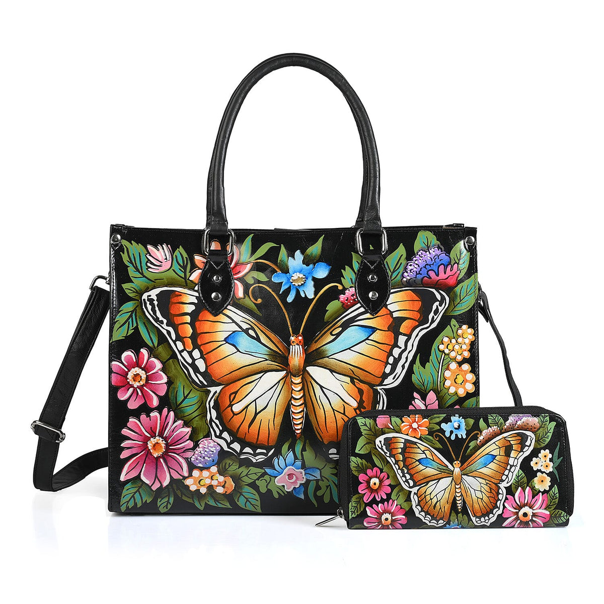 La Marey Dark Beige Artisan Handpainted Genuine Leather Tote with Wallet set Handbag