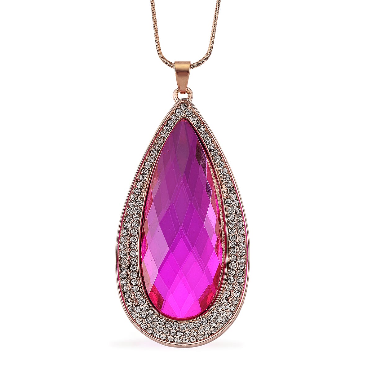 Simulated Fuchsia Sapphire and Austrian Crystal Elongated Pendant Necklace in Rosetone 24-26 Inches