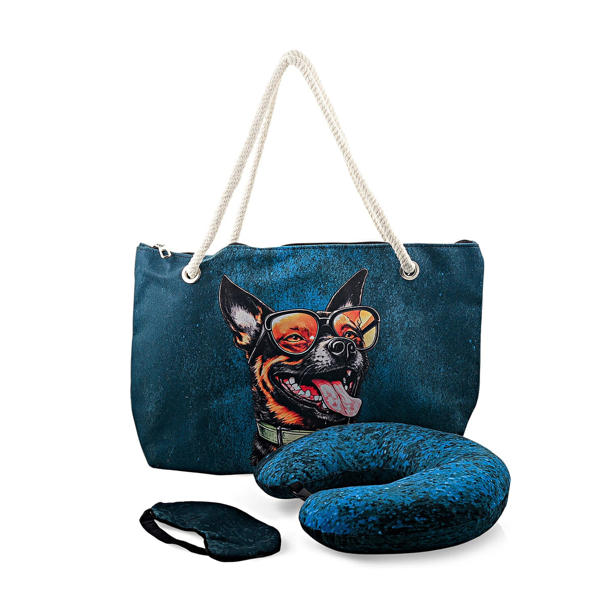 Brown Cat Digital Printed 3-Piece Travel Set with Tote Bag (17.72"x11.81"), Neck Pillow and Eye Mask