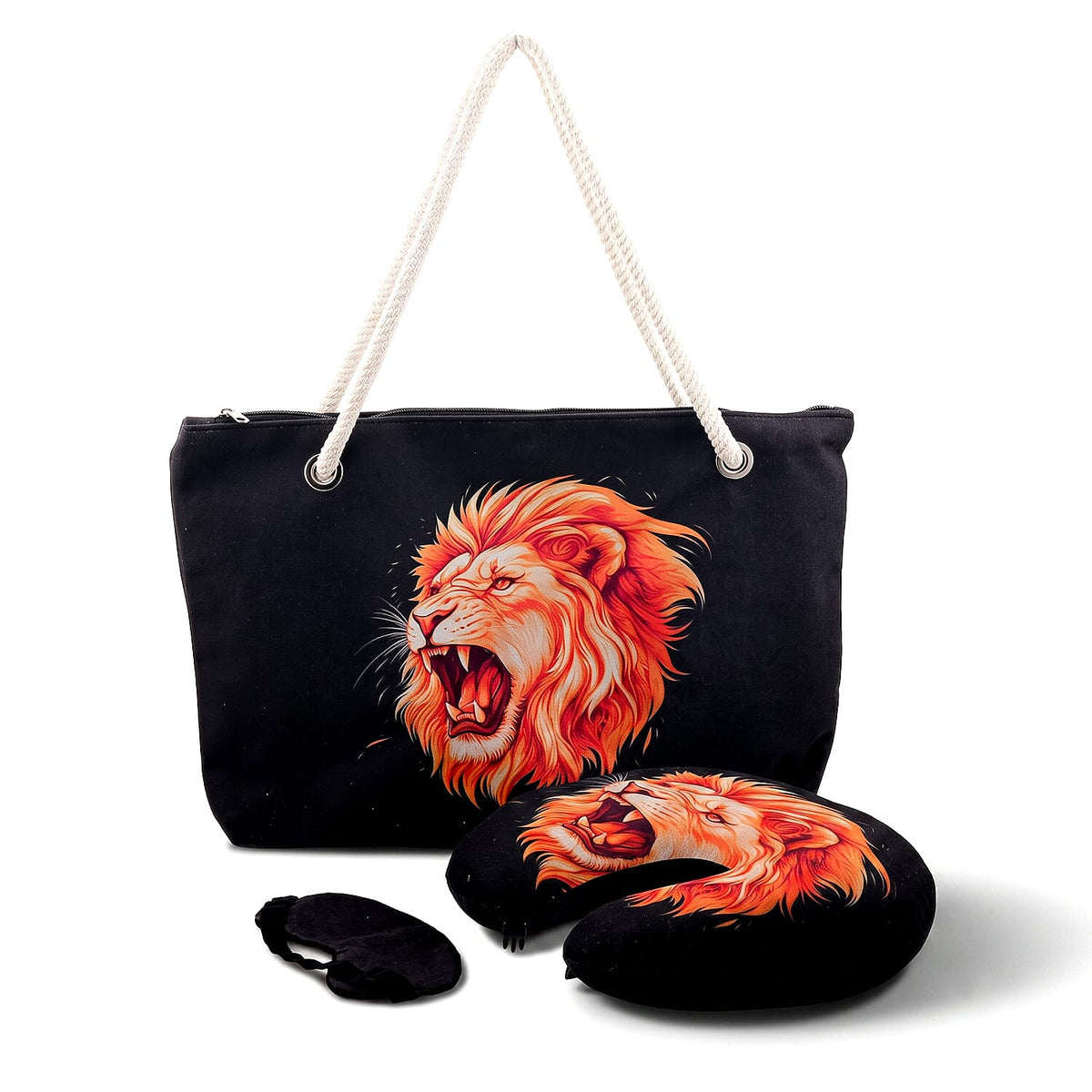 Brown Cat Digital Printed 3-Piece Travel Set with Tote Bag (17.72"x11.81"), Neck Pillow and Eye Mask