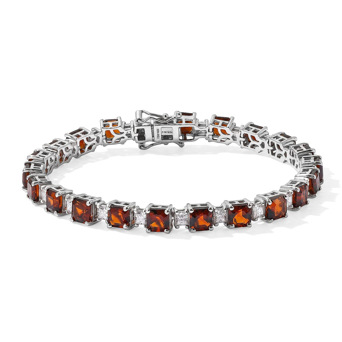 D''Joy Premium Asscher Cut Red Citrine and Moissanite 16.25 ctw Bracelet in Rhodium Over Sterling Silver (7.25 In)