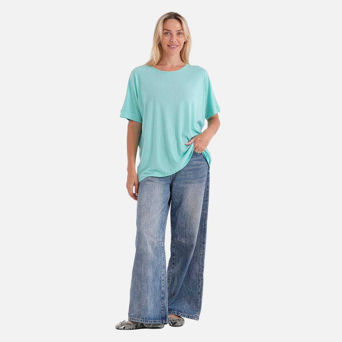 Mega Clearance La Marey Green Lightweight Texture Knit Top with Sheen