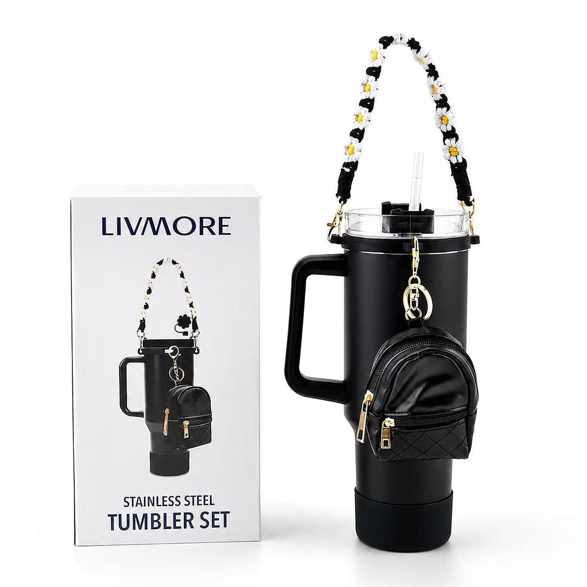 Livmore Black Stainless Steel Tumbler with Straw and Small Bag (10.83"x2.99")