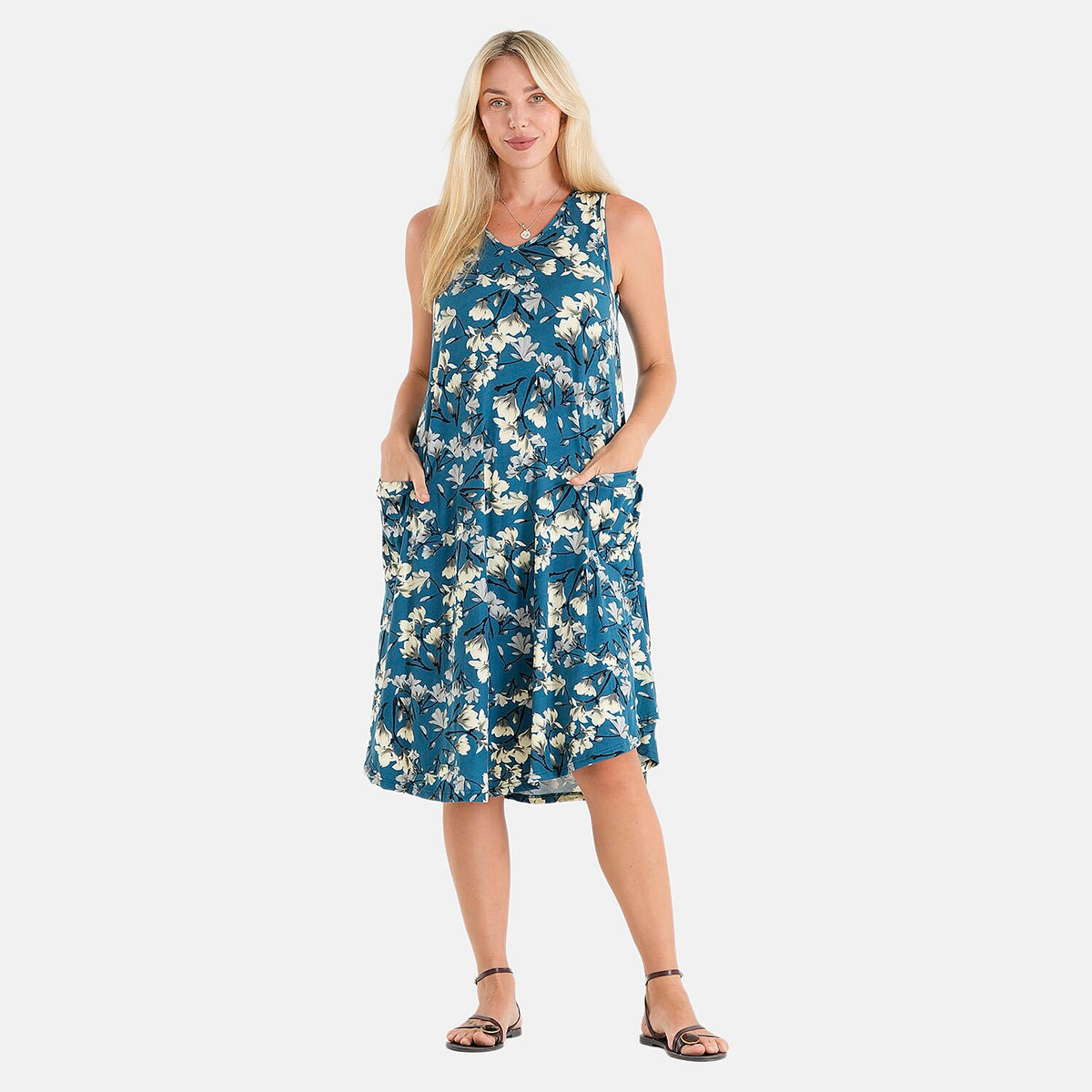 La Marey Burgundy Floral Print Knit House Dress with Pockets - One Size Fits Most