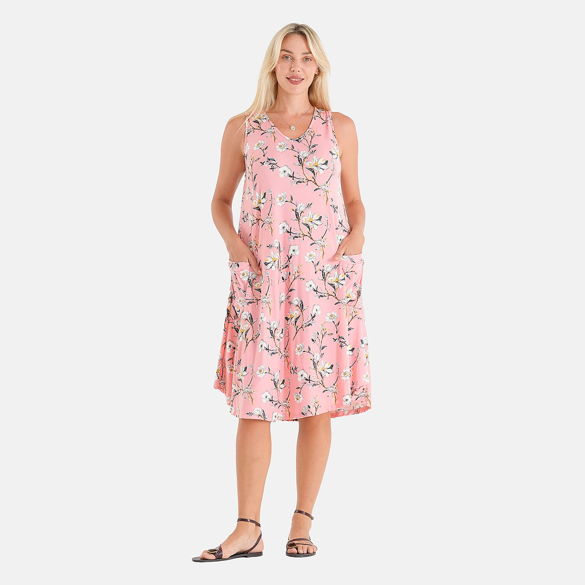 La Marey Burgundy Floral Print Knit House Dress with Pockets - One Size Fits Most