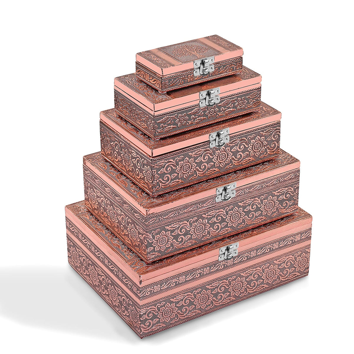 Livmore Set of 5 Handcrafted Floral Aluminum Oxidized Nested Box (9.5"x6.75"x3.5" - 5"x2.5"x1.25") - Gold