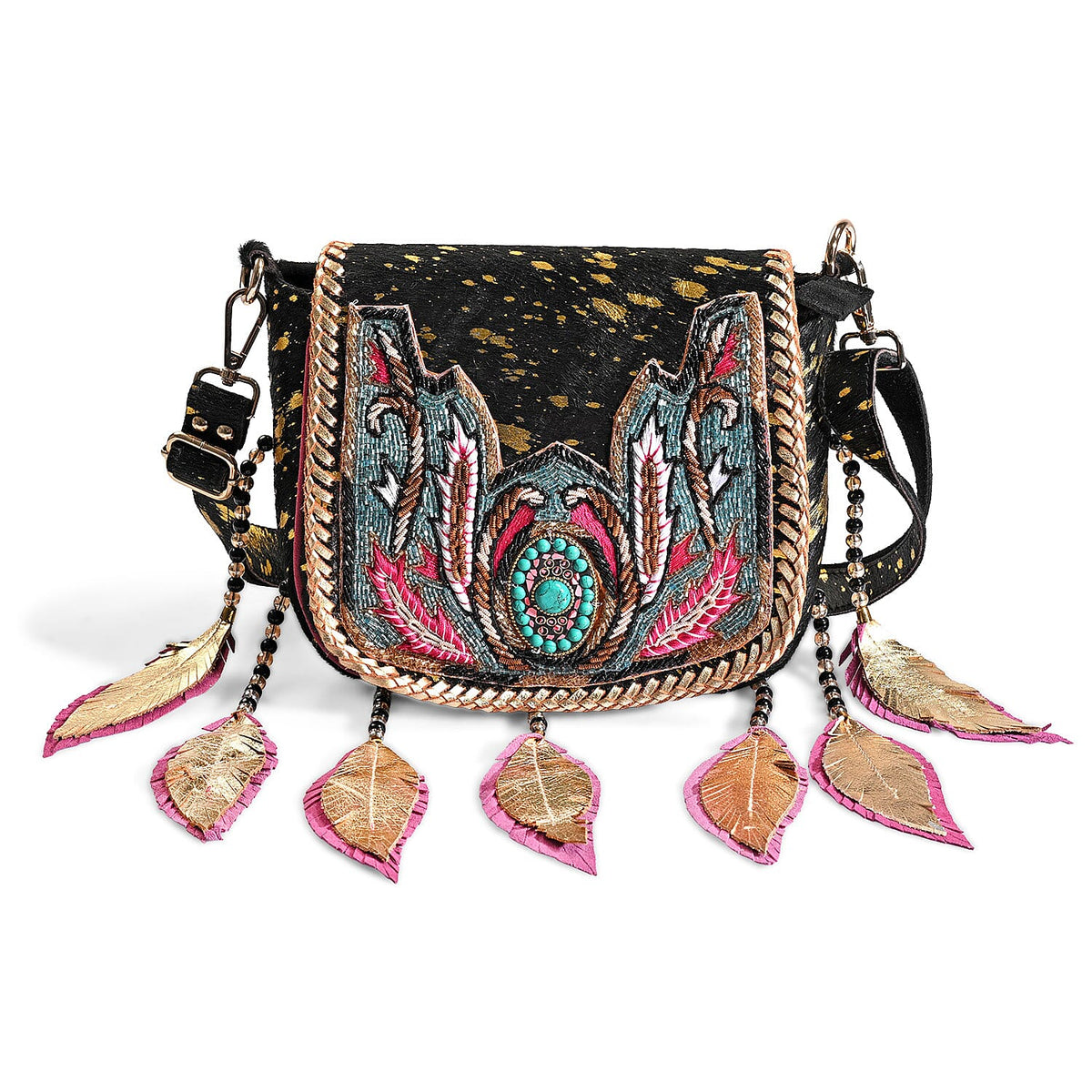 La Marey Camel Embroidery Beads Work 100% Genuine Leather Hair On Sling Bag