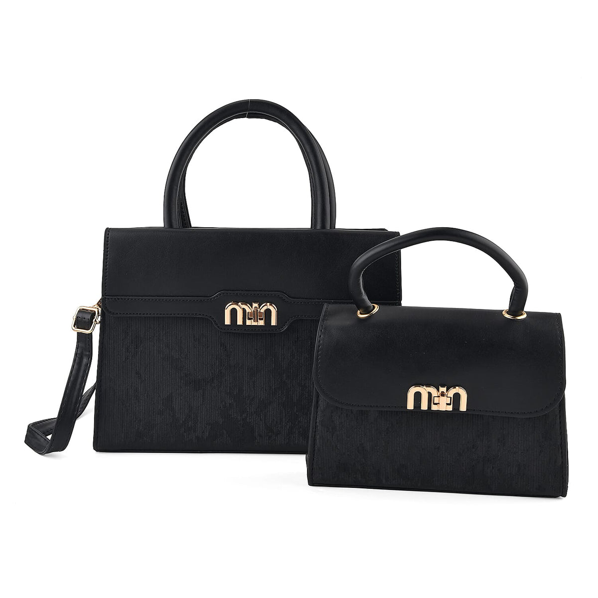 Passage Black Faux Leather Set of 2 Crossbody Bag with Shoulder Strap (11.8"x4.3"x8.3", 9.05"x2.75"x5.90")