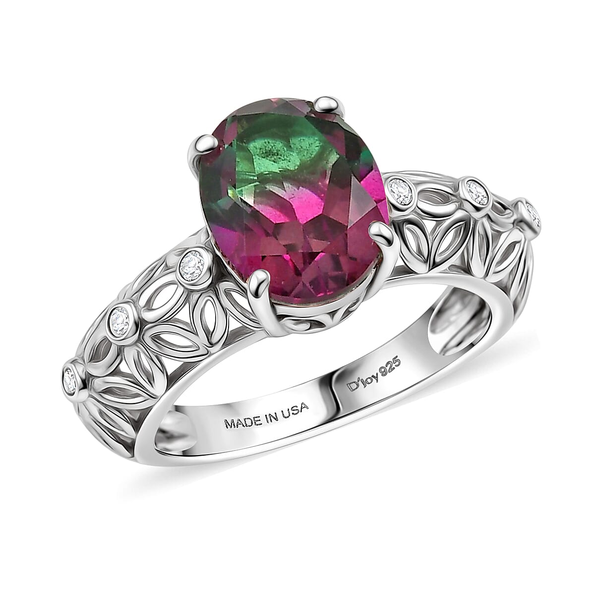 D'Joy Watermelon Quartz, White Zircon Ring in Rhodium Over Sterling Silver (Size 6.0) 3.00 ctw