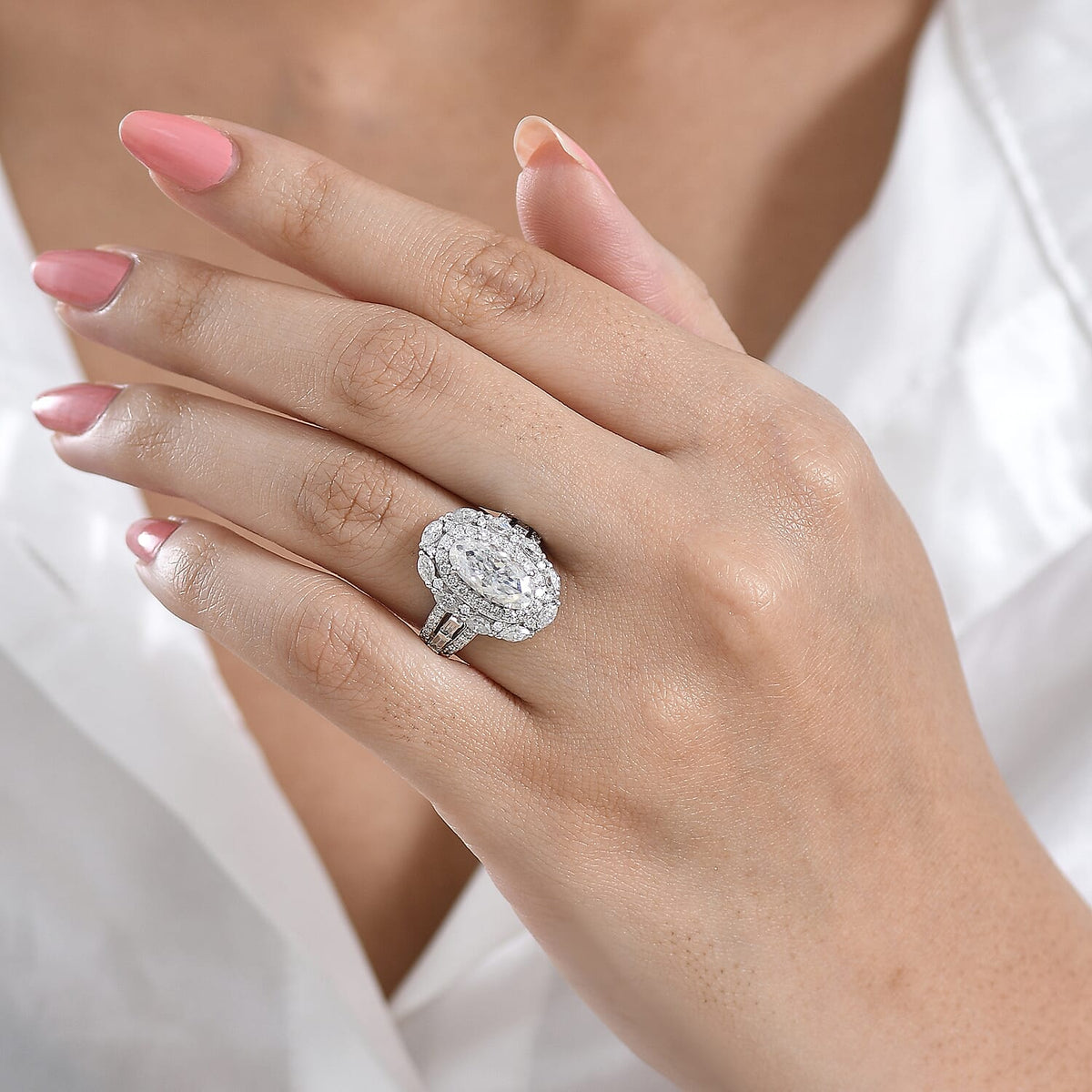 TLV D'Joy Moissanite (Cush 12x6mm) Ring in Rhodium Over Sterling Silver (Size 10.0) 4.20 ctw