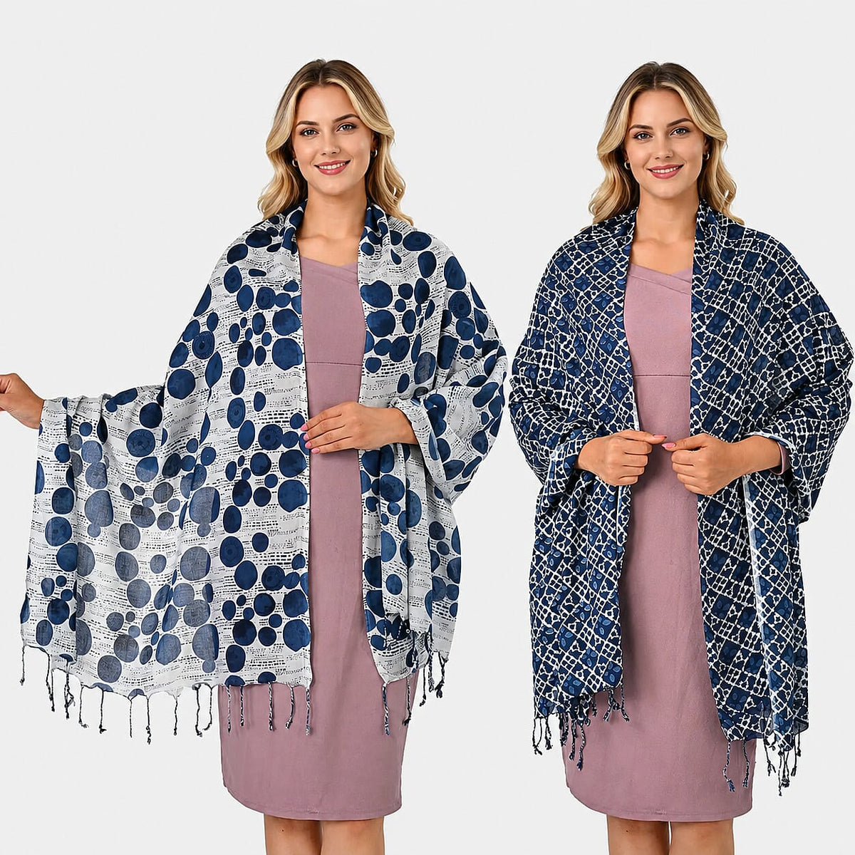 La Marey Indigo Stripe and Diamond Pattern Set of 2 Scarf