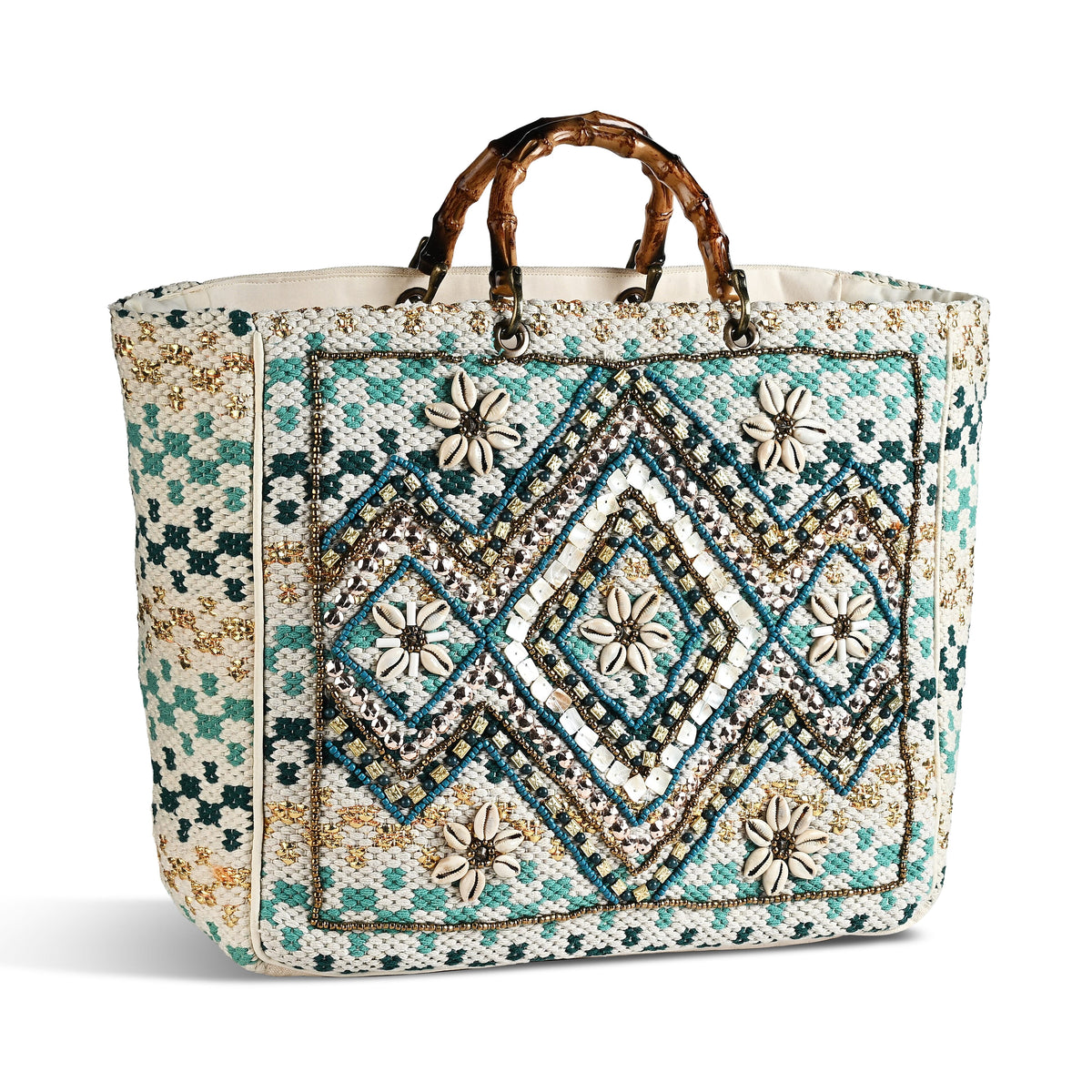 La Marey Blue Cotton Hand Embroidered Beaded Diamond Pattern Tote bag with Bamboo Handle