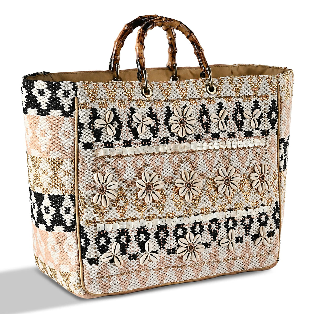 La Marey Blue Cotton Hand Embroidered Beaded Diamond Pattern Tote bag with Bamboo Handle
